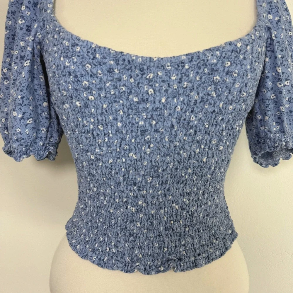 Abercrombie & Fitch Linen Blend Floral Top Blue‎ Puff Sleeve Prairie Cottagecore